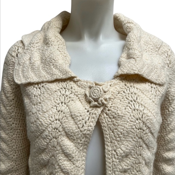 Y2K Cropped Chrochet Cable Knit Shrug Coquette Girl Cream Cardi Cottage Core SzM - Picture 13 of 15